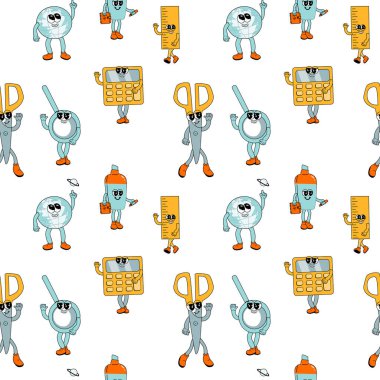 2k okulunda mükemmel, kusursuz bir desen. Okul malzemeleri ve y2k elementleriyle çocuk desenleri. Eğitim, kırtasiye malzemesi ve modaya uygun modaya uygun modaya sahip karakterlerle arka planı tekrarlıyor. Kumaş çocuksu tasarım.