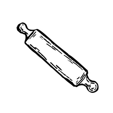 Elle çizilmiş izole ahşap raptiye. Mutfak aleti. Vektör oymalı simge. Restoran ve kafe menüsü için fırın, ekmek, hamur, şeker. Tasarım şablonu.