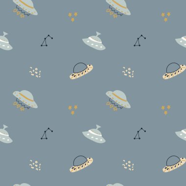 Galaksi elementleri olan çocuklar için macera modeli. Uzay hayvanı karakterlerinin İskandinav tarzında sonsuz bir geçmişi var. Tekstil için el çizimi çocukça tasarım, kreş kıyafetleri, erkek odası duvar kağıtları.