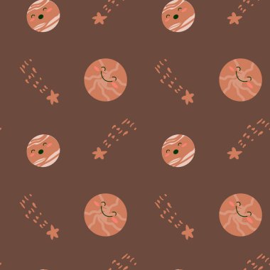 Kozmik nesneler, galaksi elementleri ve sevimli gezegenlerle dolu çocuklar için macera deseni. Kusursuz bir arka plan ve karalama alanı elemanları. Sevimli çizgi film karakterleri olan çocuk desenleri.