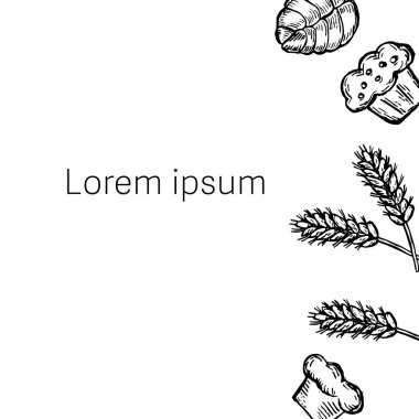 Ekmek dükkanı afişi eski moda. Fırın için kabartmalı elementler. Lezzetli pişmiş yemek taslağı. Ekmek çizimi afişi.