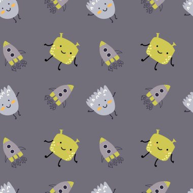 Uzaydaki canavarların ya da uzaylıların olduğu sevimli çocuklar. Galaksi elementleri, roketler, gezegenler. Baskı için sevimli karakterler ve kozmik nesneler. Saf karalama tarzında çocuklar için macera modeli.