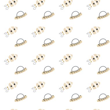 Galaksi elementleri olan çocuklar için macera modeli. Uzay hayvanı karakterlerinin İskandinav tarzında sonsuz bir geçmişi var. Tekstil için el çizimi çocukça tasarım, kreş kıyafetleri, erkek odası duvar kağıtları.