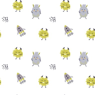 Uzaydaki canavarların ya da uzaylıların olduğu sevimli çocuklar. Galaksi elementleri, roketler, gezegenler. Baskı için sevimli karakterler ve kozmik nesneler. Saf karalama tarzında çocuklar için macera modeli.