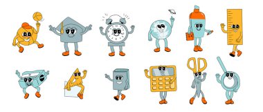 2k okul karakterleri ayarlandı. Komik yüzlü okul malzemelerinin koleksiyonu. Tebeşir tahtası, cetvel ve diğer kırtasiyeler. Eğitim geçmişi için eski okul maskotları. Okul karakterlerine dönüş.