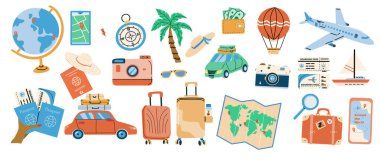 Seyahat planlama konsepti çizimleri. Seyahat çıkartmaları koleksiyonu. Yaz tatili uçağı ve gemisi, balon, araba ve diğer nakliye araçları, tatil ikonları seti. Seyahat yerleri seçin.