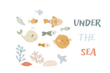 Deniz hayvanlarının kabuklu çocukları. Denizcilik unsurları kartı. Şirin balık ya da deniz yosunlu, kabuklu bir okyanus sakini. Deniz yaban hayatı, deniz hayvanları, örtülü tasarım için bitkiler, kumaş.