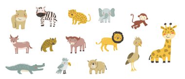 Çocuk hayvanlar seti. Afrika fili, aslan, gergedan, maymun, zebra, leopar, sırtlan ve diğer sevimli tropikal hayvanlar. Sevimli yüzlü çocuksu karakterler koleksiyonu.