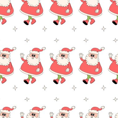 Y2k elementli mutlu yeni yıl örnekleri. Noel Baba, kartopu, Noel ağacı ve hediyeleri olan harika karakterler. 60 'lı, 70' li ve 2000 'li yılların modası geçmiş hippi modelleri.