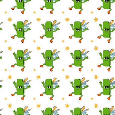 2k okulunda mükemmel, kusursuz bir desen. Okul malzemeleri ve y2k elementleriyle çocuk desenleri. Eğitim, kırtasiye malzemesi ve modaya uygun modaya uygun modaya sahip karakterlerle arka planı tekrarlıyor. Kumaş çocuksu tasarım.