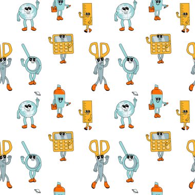 2k okulunda mükemmel, kusursuz bir desen. Okul malzemeleri ve y2k elementleriyle çocuk desenleri. Eğitim, kırtasiye malzemesi ve modaya uygun modaya uygun modaya sahip karakterlerle arka planı tekrarlıyor. Kumaş çocuksu tasarım.