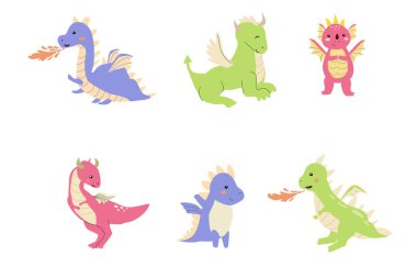 Çocuk ejderha koleksiyonu. Çocukça davranan sevimli hayvanlar. İskandinav tarzında sihirli karakterler. Yavru ejderhalar tomarla.