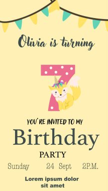 Çocuk sihirli davetiye kartı ve peri hayvanı. Fantezi dünyası unsurları tasarımı. Tek boynuzlu atlarla ya da boynuzlu ve çiçekli şirin hayvanlarla sihirli doğum günü partisi şablonu.