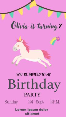 Çocuk sihirli davetiye kartı ve peri hayvanı. Fantezi dünyası unsurları tasarımı. Tek boynuzlu atlarla ya da boynuzlu ve çiçekli şirin hayvanlarla sihirli doğum günü partisi şablonu.