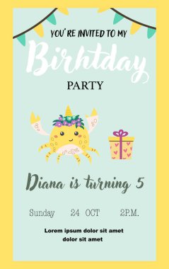 Çocuk sihirli davetiye kartı ve peri hayvanı. Fantezi dünyası unsurları tasarımı. Tek boynuzlu atlarla ya da boynuzlu ve çiçekli şirin hayvanlarla sihirli doğum günü partisi şablonu.