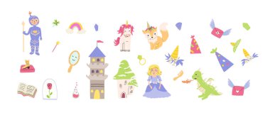Çocuk peri karakterleri ve sihirli element seti. Prenses, kale, şövalye, ejderha, kayan yıldız, boynuzlu peri hayvanı olan komik tek boynuzlu atlar koleksiyonu. Fantezi dünyası ögeleri, etiket paketi
