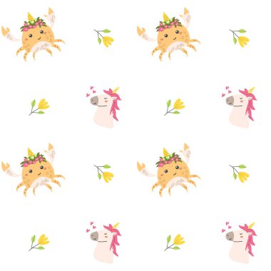 Tekstil için şirin tek boynuzlu at deseni. Çocuksu sihirli karakterler. Çocuk perisi ve sihirli desen.