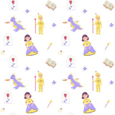 Prenses ve Kale ile çocuk peri desenleri. Tatlı fantezi dünyası klipsi arka planı. Çizgi film karakterleri ile çocuksu sihirli desen.