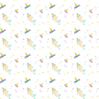 Çocuklar için konfeti ve şirin hayvanlı bir tatil modeli. Çocukça bir doğum günü daveti ve kusursuz bir geçmiş kutlaması. Tek boynuzlu şirin karakter ambalaj kağıdı ve kartpostallar için basılabilir tasarım..