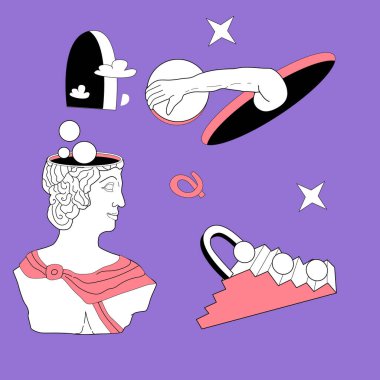 Gerçeküstücülük unsurları, soyut antik Yunan heykelleriyle oluşturulmuştur. Modern heykellerin ve kozmik uzayın vektör el çizimleri, geometri psikedelik şekiller seti. Çıkartma paketi.