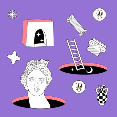 Gerçeküstücülük unsurları, soyut antik Yunan heykelleriyle oluşturulmuştur. Modern heykellerin ve kozmik uzayın vektör el çizimleri, geometri psikedelik şekiller seti. Çıkartma paketi.