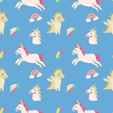 Tekstil için şirin tek boynuzlu at deseni. Çocuksu sihirli karakterler. Çocuk perisi ve sihirli desen.