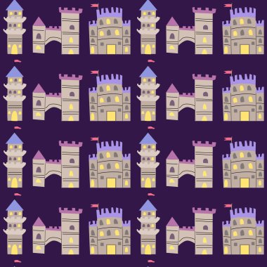 Çocuklar için şato deseni. Çizgi film binası geçmişi. Süsleme ve kaplama için sevimli çocuksu sihirli desen.