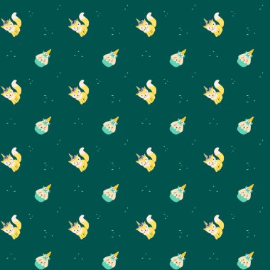 Tekstil için şirin tek boynuzlu at deseni. Çocuksu sihirli karakterler. Çocuk perisi ve sihirli desen.