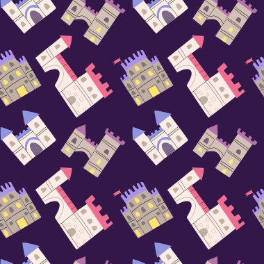 Çocuklar için şato deseni. Çizgi film binası geçmişi. Süsleme ve kaplama için sevimli çocuksu sihirli desen.