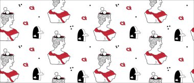 Soyut Yunan heykelleri ile sürrealizm unsurları deseni. Modern heykellerin ve kozmik uzayın, geometri psikedelik şekillerin temsilci el çizimleri.