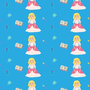 Prenses ve Kale ile çocuk peri desenleri. Tatlı fantezi dünyası klipsi arka planı. Çizgi film karakterleri ile çocuksu sihirli desen.