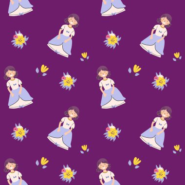 Prenses ve Kale ile çocuk peri desenleri. Tatlı fantezi dünyası klipsi arka planı. Çizgi film karakterleri ile çocuksu sihirli desen.