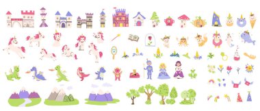 Çocuk peri karakterleri ve sihirli element seti. Prenses, kale, şövalye, ejderha, kayan yıldız, boynuzlu peri hayvanı olan komik tek boynuzlu atlar koleksiyonu. Fantezi dünyası ögeleri, etiket paketi