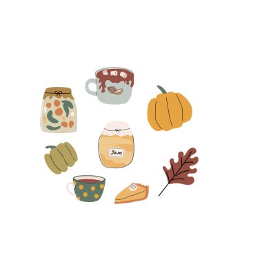 Sonbahar mevsimsel elementleri olan sonbahar hasat arkaplanı ya da afişi. Güzel yeşillikler, içkiler, giysiler. Kapak tasarımı için yuvarlak arkaplan, kartlar.