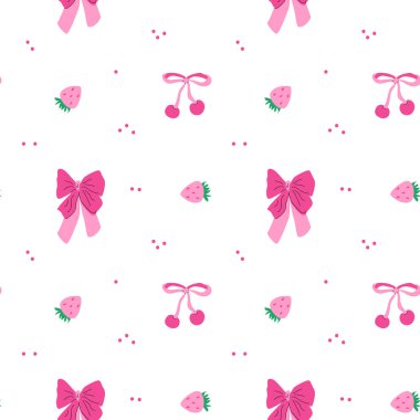 Sevimli çocuklar moda geçmişi. Yay ve çilek desenli çilek veya kirazlı. Kız kıyafetleri, yaz havluları için romantik dekorasyon..