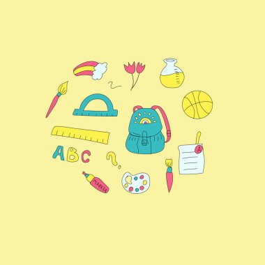 Çocuklar okulunun karalama afiş şablonu. Eğitim malzemesi, okul binası, dünya, kitaplar ve diğer öğrenci aksesuarları..