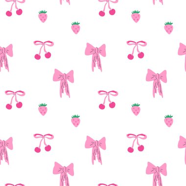 Sevimli çocuklar moda geçmişi. Yay ve çilek desenli çilek veya kirazlı. Kız kıyafetleri, yaz havluları için romantik dekorasyon..