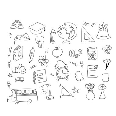 Çocukların karalama elementleri ayarlandı. Eğitim malzemesi, okul binası, dünya, kitaplar ve diğer öğrenci aksesuarları..