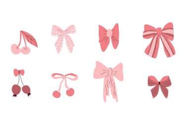 Kızsal vintage yay ve kiraz düğümünün vektör illüstrasyonu. Saç dekoru için eğilin. Elementler izole. Coquette estetik aksesuarları.