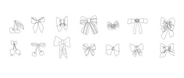 Kızsal vintage yay ve kirazın vektör illüstrasyonu. Saç dekoru için eğilin. Elementler izole. Coquette estetik aksesuarları.