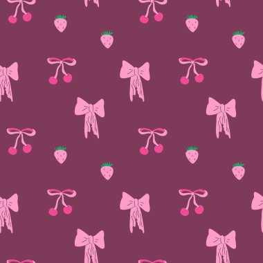 Sevimli çocuklar moda geçmişi. Yay ve çilek desenli çilek veya kirazlı. Kız kıyafetleri, yaz havluları için romantik dekorasyon..