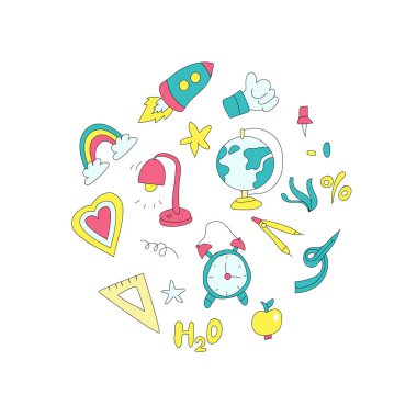 Çocuklar okulunun karalama afiş şablonu. Eğitim malzemesi, okul binası, dünya, kitaplar ve diğer öğrenci aksesuarları..