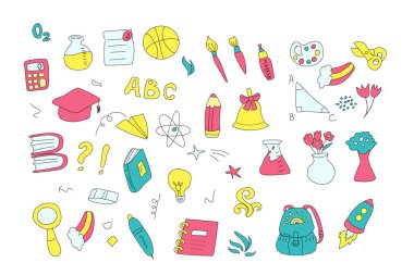 Çocukların karalama elementleri ayarlandı. Eğitim malzemesi, okul binası, dünya, kitaplar ve diğer öğrenci aksesuarları..