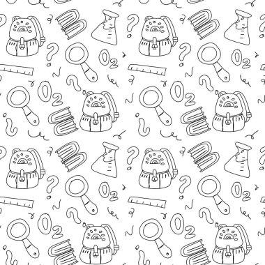 Çocuk okulunun karalama elemanları. Eğitim malzemesi, bina, dünya, kitaplar ve diğer öğrenci aksesuarları..