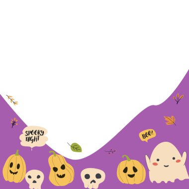 Komik karakterli şirin çocuklar cadılar bayramı arkaplanı. Balkabakları ve hayaletler, kafatasları, dökülen yapraklar, konuşma baloncukları.