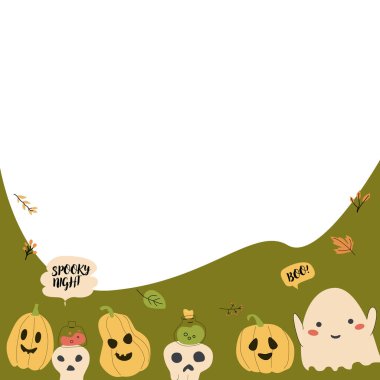 Komik karakterli şirin çocuklar cadılar bayramı arkaplanı. Balkabakları ve hayaletler, kafatasları, dökülen yapraklar, konuşma baloncukları.