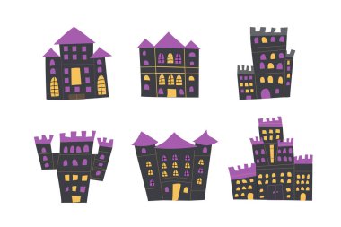 Çocuklar cadılar bayramı şatosu seti. Peri sihirli binası. Düz çizimler, El çizimi biçimi.