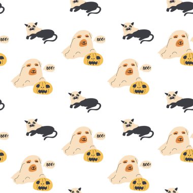 Tatlı karakterli cadılar bayramı şablonu. Balkabakları, cadılar bayramı kostümlü evcil hayvanlar. Sevimli, çocuksu, kusursuz desen..