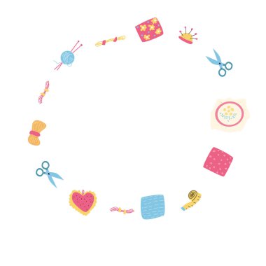 El yapımı dikiş, örgü, nakış iskeleti. Güzel el işi elementleri. Vektör illüstrasyonu.