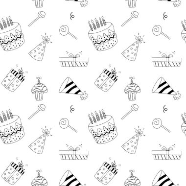 Doodle doğum günü kutlaması tasarımı. Kusursuz desenli hediyeler, mumlu pastalar, tatil şapkaları. Paket kağıtları, tebrik kartları, duvar kağıtları için..